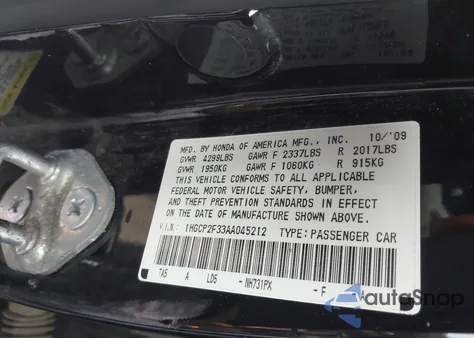 2010 Honda Accord 2.4 Lx из США, поврежденный, VIN 1HGCP2F33AA045212